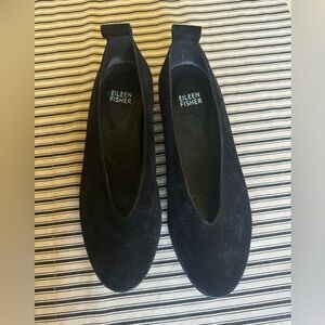 Eileen Fisher Humor Wedge Suede Slip On Black Shoe 6